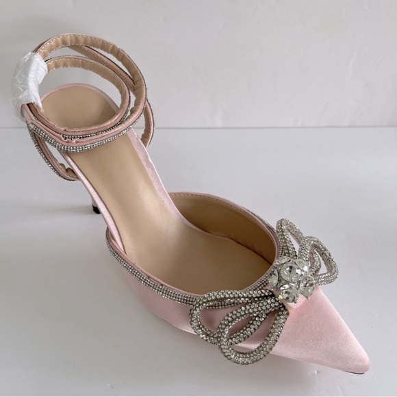 Women’s Diamanté Bow Pionted Toe Santin Dress Sandal Heels Shoes Size 5.5 New - Picture 8 of 12